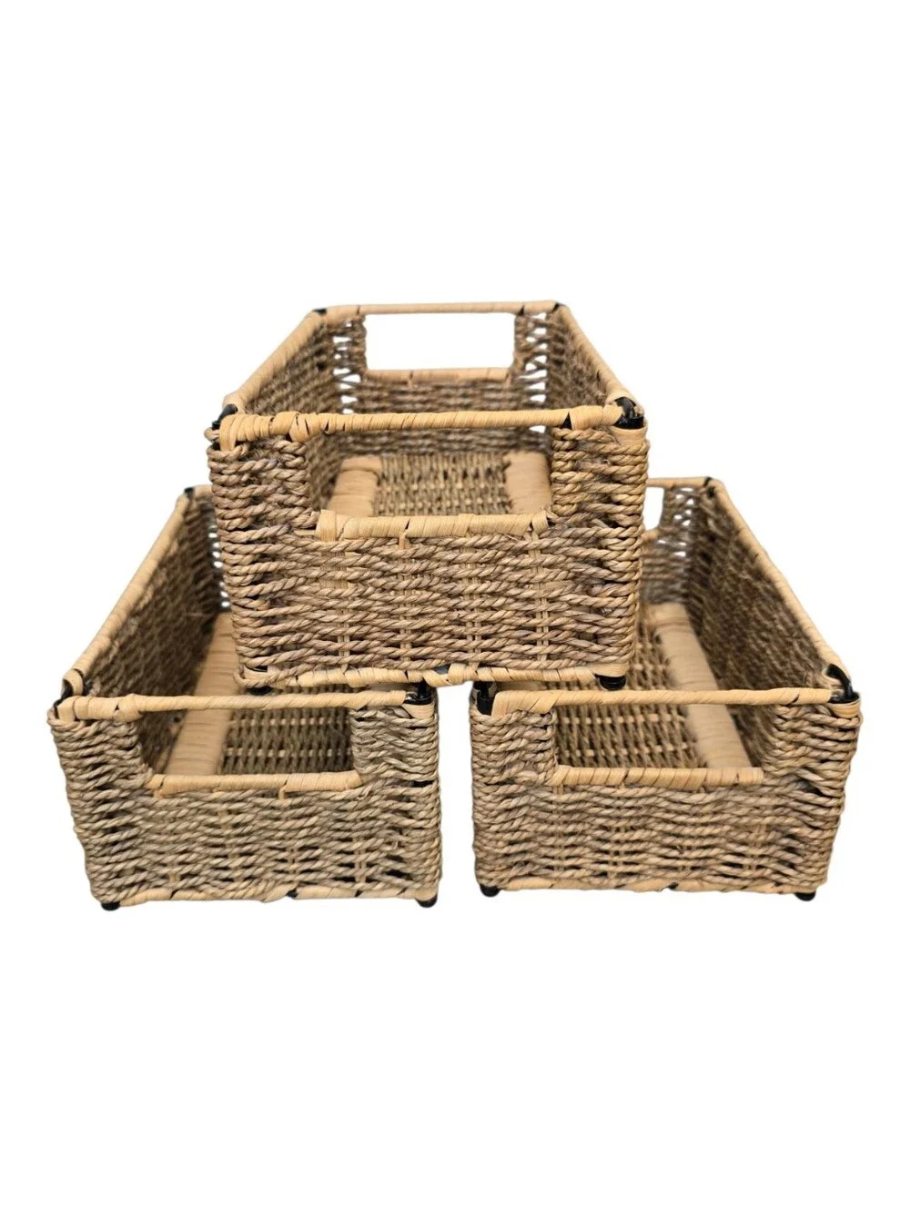 Natural Small Woven Seagrass Storage Baskets With Handles - Set of 3